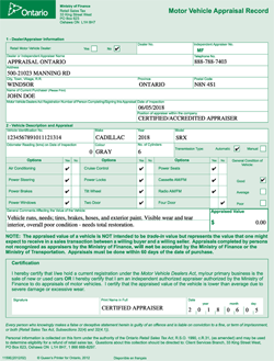 mto Form1159 tax used car appraisal service ontario