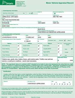 ONLINE Appraiser Service Ontario Appraisal used car value Tax MTO form1159 service ontario buying a used car classic